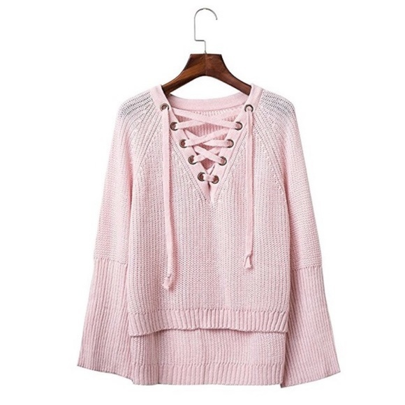 Last 1 Pink lace up high low sweater - Picture 5 of 7